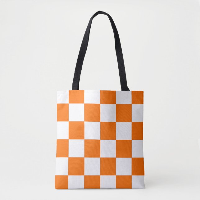 Orange White Chequered Check Pattern Tote Bag (Front)
