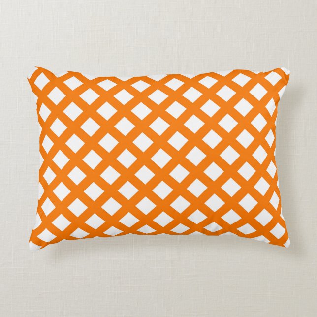 Orange White Chequered Diamond Pattern Decorative Cushion (Front)
