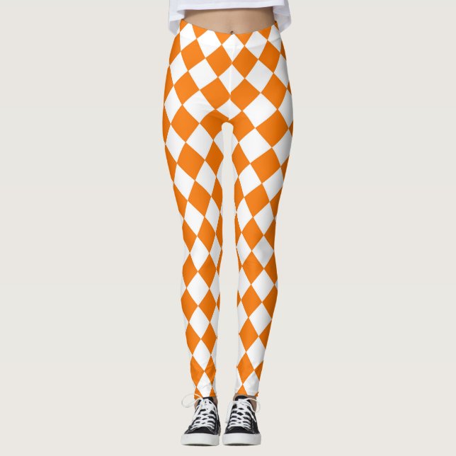 Orange White Chequered Diamond Pattern  Leggings (Front)