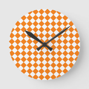 Orange White Chequered Diamond Pattern Round Clock