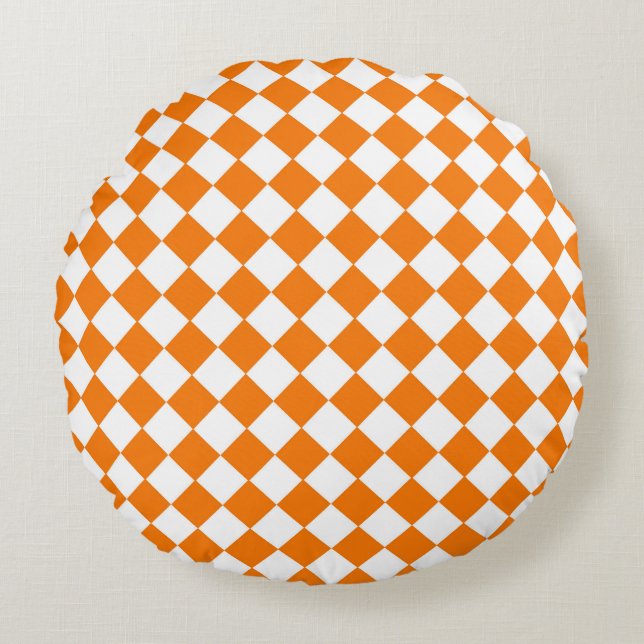 Orange White Chequered Diamond Pattern  Round Cushion (Front)