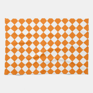 Orange White Chequered Diamond Pattern Tea Towel
