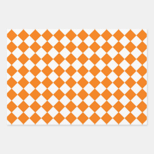Orange White Chequered Diamond Pattern Wrapping Paper Sheet