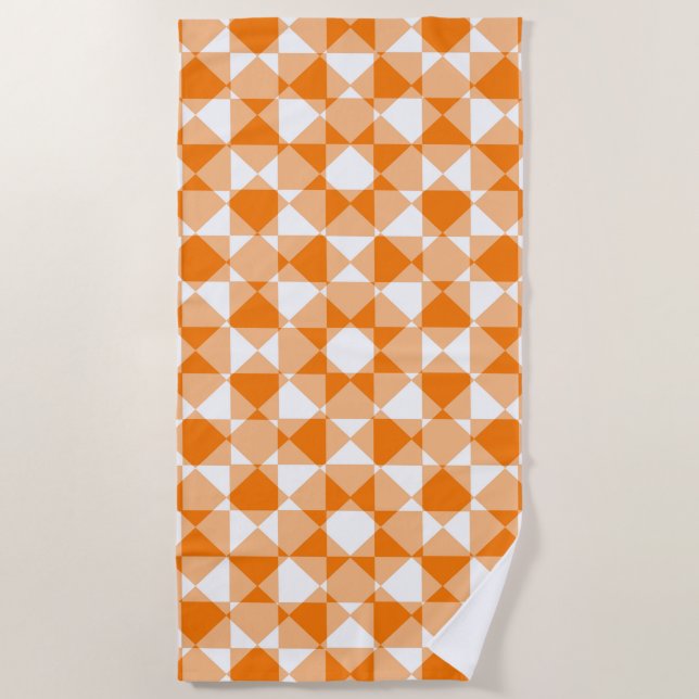 Orange White Chequered Diamond Plaid Pattern Beach Towel (Front)