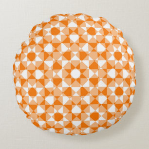 Orange White Chequered Diamond Plaid Pattern Round Cushion