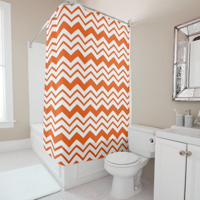Orange White Chevron Zigzag Pattern Design  Shower Curtain (In Situ)