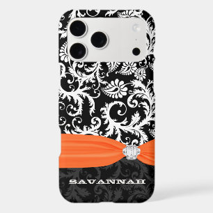 Orange & White Damask Printed Faux Rhinestone