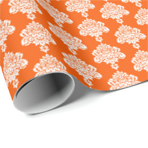 Orange White Damask Wrapping Paper
