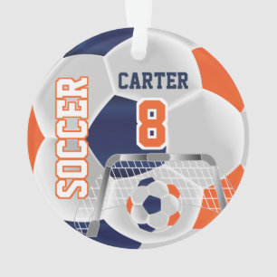 Orange, White & Dark Blue Personalise Soccer  ⚽ Ornament