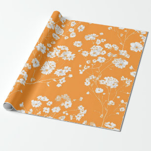 Orange White Ditsy Flower Pastel Boho 70s Vintage Wrapping Paper
