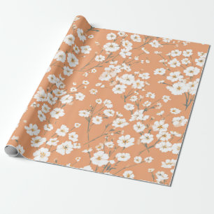 Orange White Ditsy Flower Pastel Boho 70s Vintage Wrapping Paper
