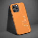 Orange White Elegant Calligraphy Script Name Case-Mate iPhone 14 Case<br><div class="desc">Orange White Elegant Calligraphy Script Custom Personalised Name iPhone 14 Smart Phone Cases features a modern and trendy simple and stylish design with your personalised name in elegant hand written calligraphy script typography on a orange background. Designed by ©Evco Studio www.zazzle.com/store/evcostudio</div>