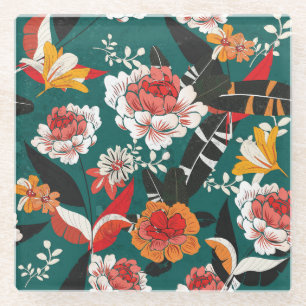 Orange-white floral: vintage seamless illustration glass coaster