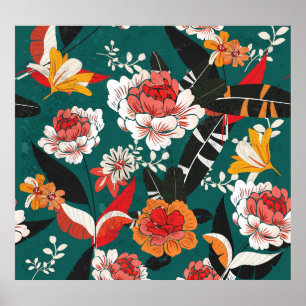 Orange-white floral: vintage seamless illustration poster