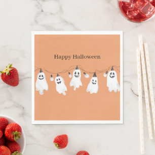 Orange White Ghosts Light Bulbs Halloween Napkin