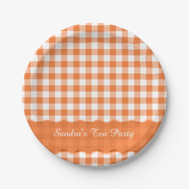 Orange White Gingham Pattern Personalised Party Paper Plate (Front)