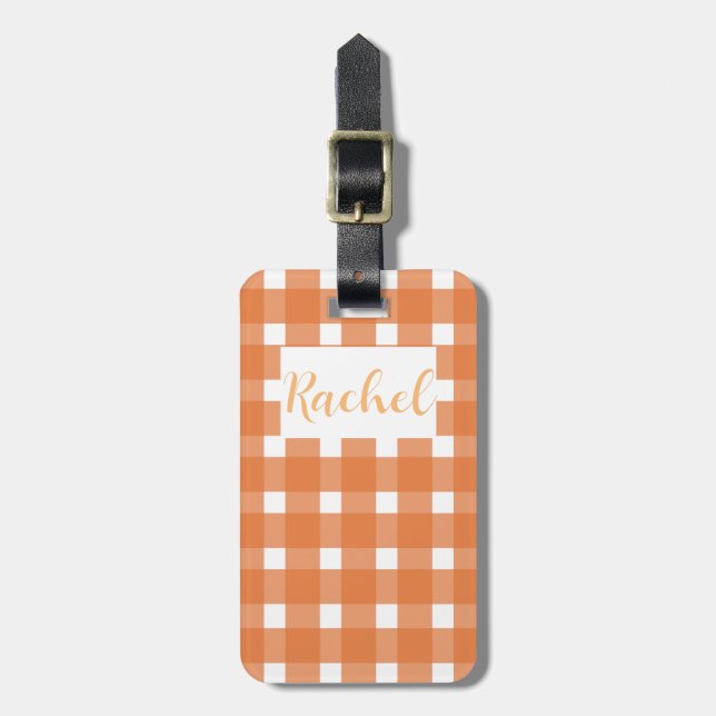 Orange White Gingham Personalised Luggage Tag (Front Vertical)