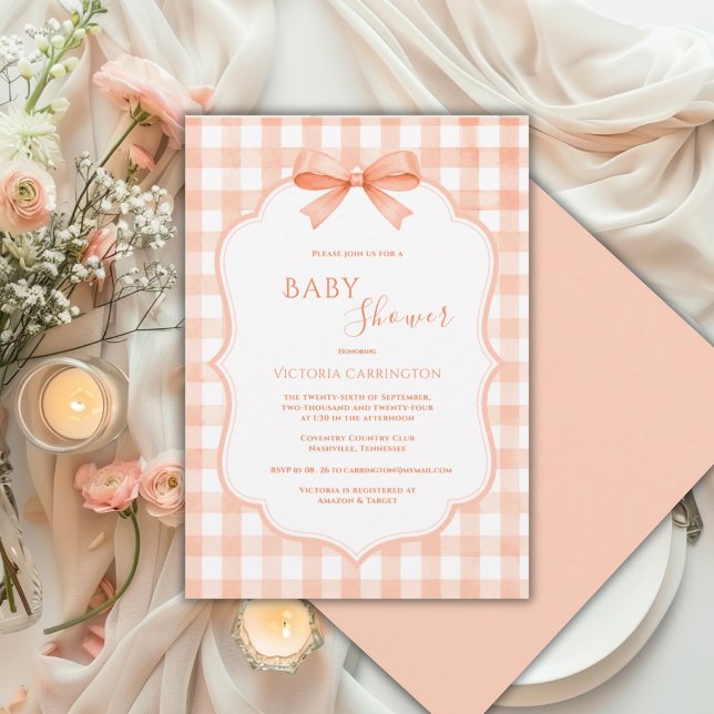 Orange White Gingham Whimsical Baby Shower Invitation (Creator Uploaded)