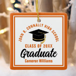 Orange White Graduate 2023 Personalized Christmas Ceramic Ornament<br><div class="desc">This modern orange and white custom graduate Christmas ornament feature classy typography of your university or college name for the class of 2023. Customize with your graduating year next to the chic handwritten script and black grad cap for a great personalized congratulations graduation gift.</div>
