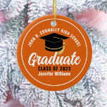 Orange White Graduate Custom 2024 Graduation Ceramic Tree Decoration<br><div class="desc">This modern orange and white custom senior graduate Christmas ornament features your high school or college name for the class of 2024. Customise with your graduating year under the chic handwritten script and black grad cap for a great personalised graduation gift.</div>