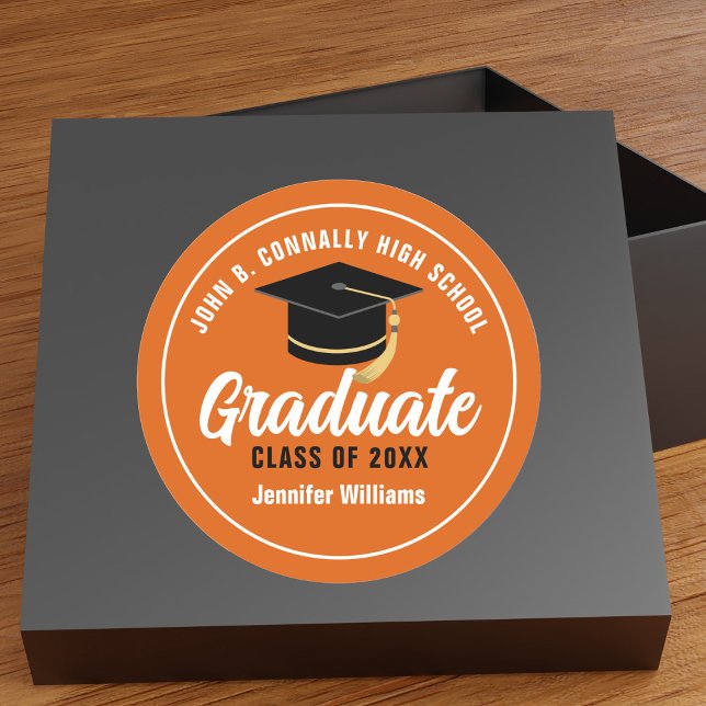 Orange White Graduate Custom 2025 Graduation Classic Round Sticker (Creator Uploaded)