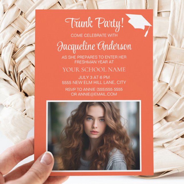 Orange White Graduation Cap Trunk Party Photo Invitation (Orange graduation Trunk Party photo invitation)