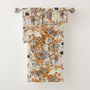 Orange White Graphic Flowers Pattern Bath Towel Set