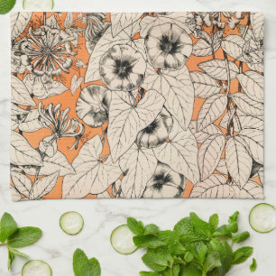 Orange White Graphic Flowers Pattern Tea Towel