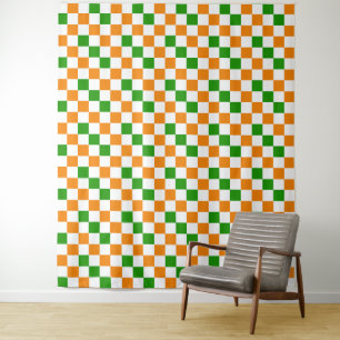 Orange White Green Chequered Pattern Design Tapestry