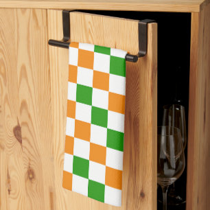 Orange White Green Chequered Pattern Design Tea Towel