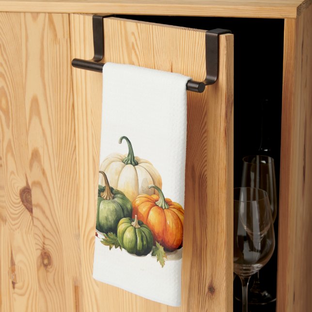 Orange, White & Green Pumpkin Fall Themed  Tea Towel (Thirds Fold)