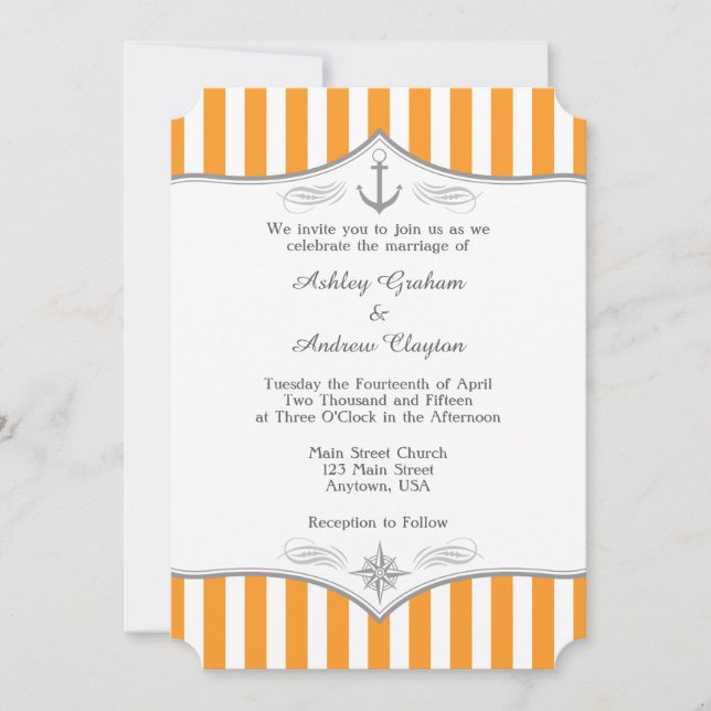 Orange White Grey Nautical Wedding Invitation (Front)