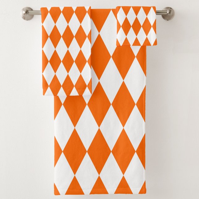 Orange White Harlequin Diamonds Checkers Design  Bath Towel Set (Creator Uploaded)