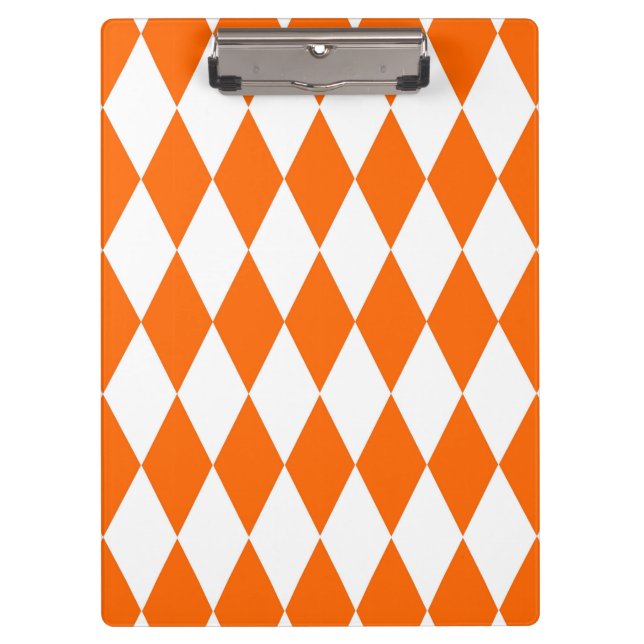 Orange White Harlequin Diamonds Checkers Design  Clipboard (Front)