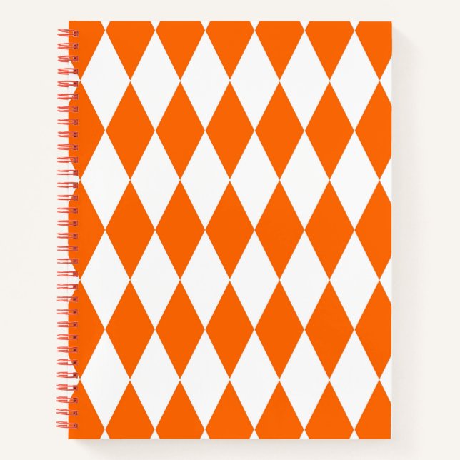 Orange White Harlequin Diamonds Checkers Design  Notebook (Front)