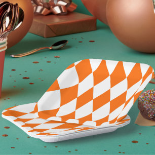 Orange White Harlequin Diamonds Checkers Design Paper Plate
