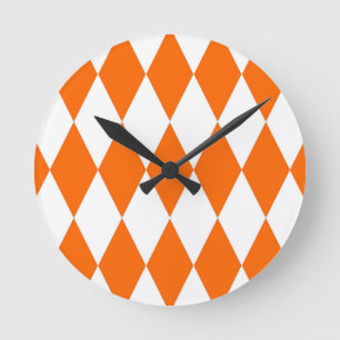 Orange White Harlequin Diamonds Checkers Design  Round Clock