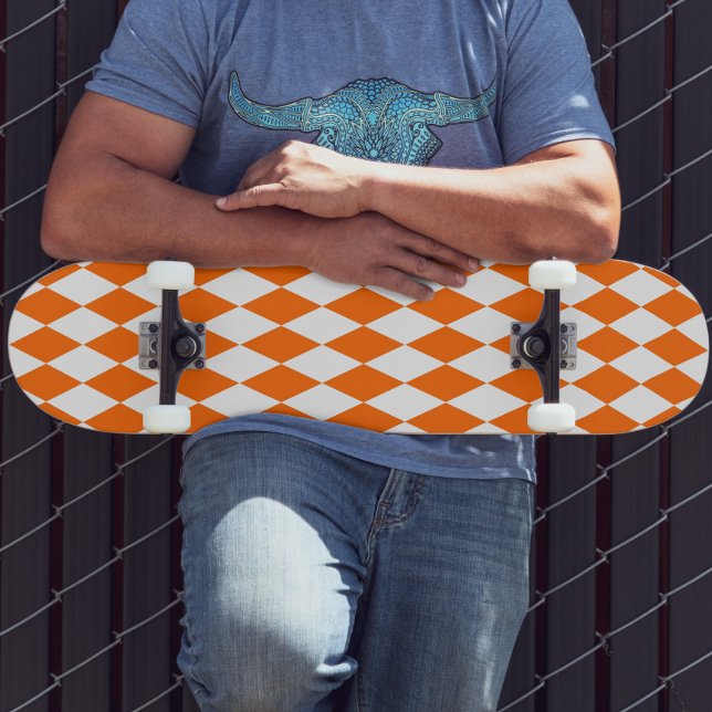 Orange White Harlequin Diamonds Checkers Design  Skateboard (Creator Uploaded)
