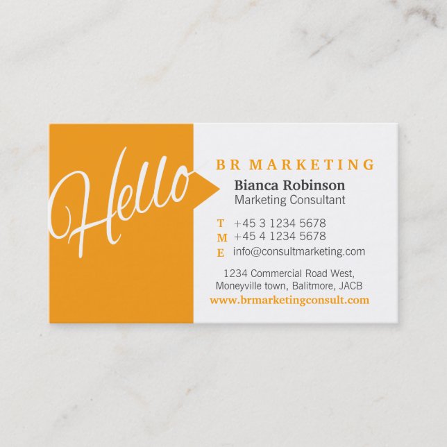 Orange & white hello speech quote business card (Front)