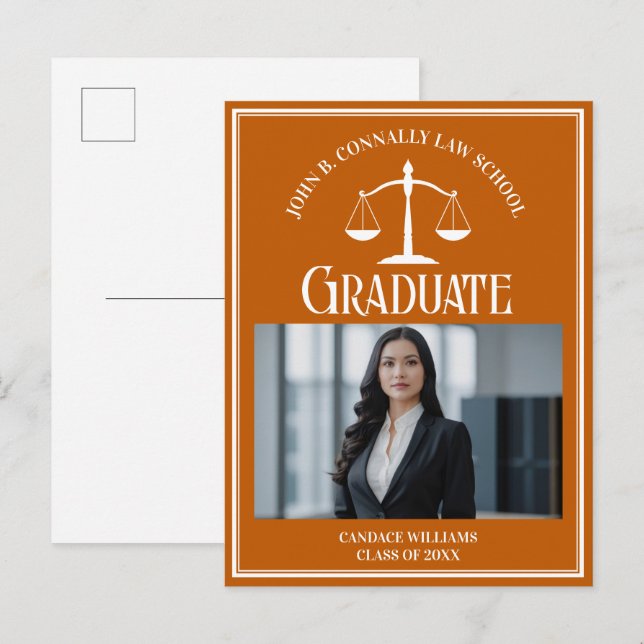Orange White Law School Photo Graduation Announcement Postcard (Front/Back)