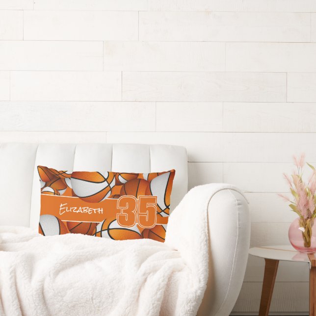 orange white lots of basketballs girls sports room lumbar cushion (Couch)