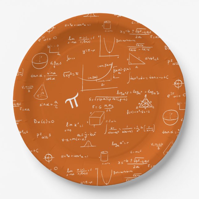 Orange White Math Equations Graphics Graduation Paper Plate (Front)