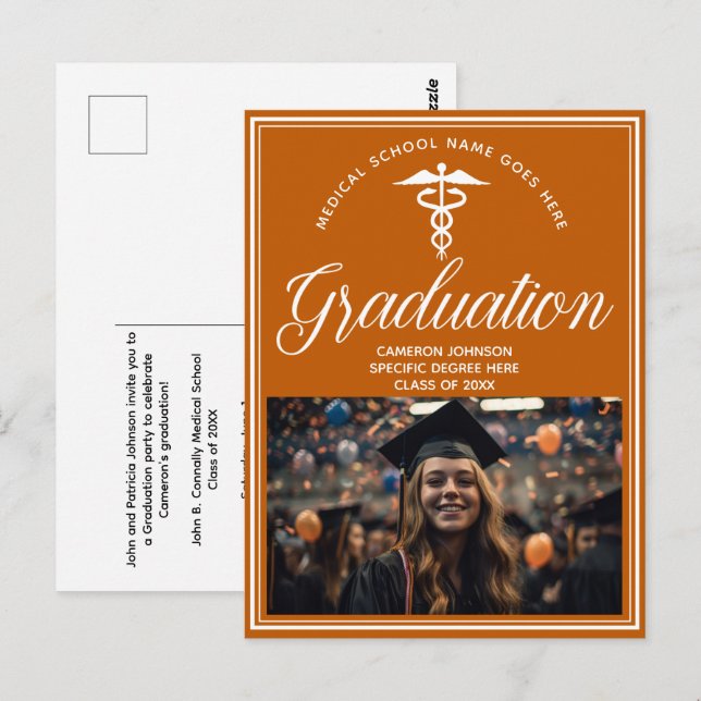 Orange White Medical School Photo Graduation Party Postcard (Front/Back)