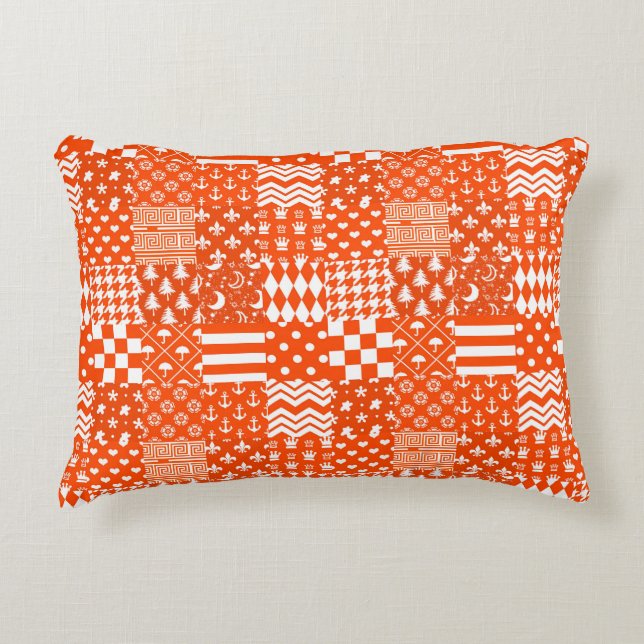 Orange White Mixed Patterns Patchwork Design  Decorative Cushion (Front)