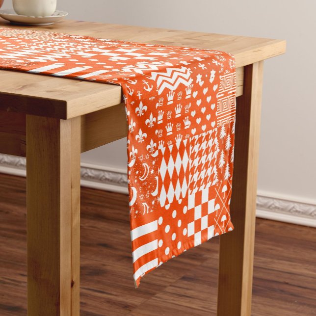 Orange White Mixed Patterns Patchwork Design  Short Table Runner (Creator Uploaded)