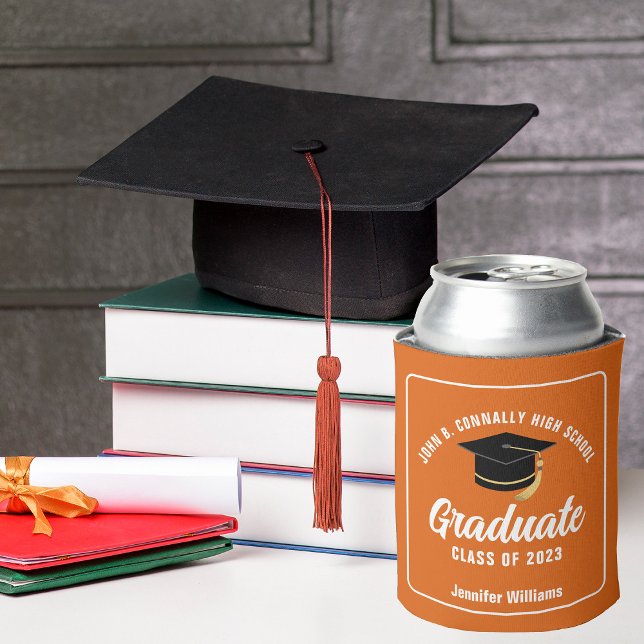 Orange White Modern Graduate Custom Graduation Can Cooler (Creator Uploaded)