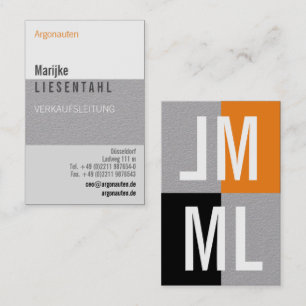 Orange white monogram portrait format business car business card