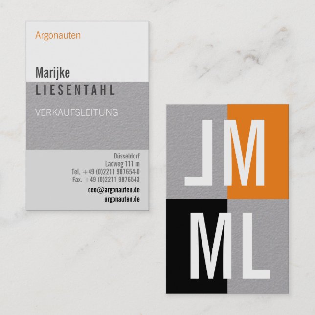 Orange white monogram portrait format business car business card (Front/Back)