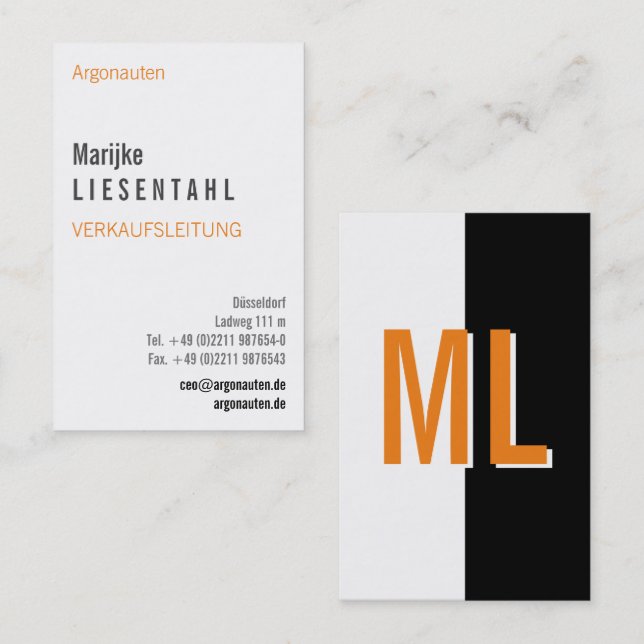 Orange white monogram portrait format business car business card (Front/Back)