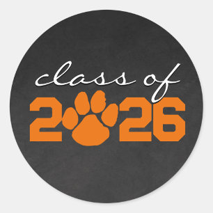 Orange & White Paw Print Chalkboard Graduation Classic Round Sticker